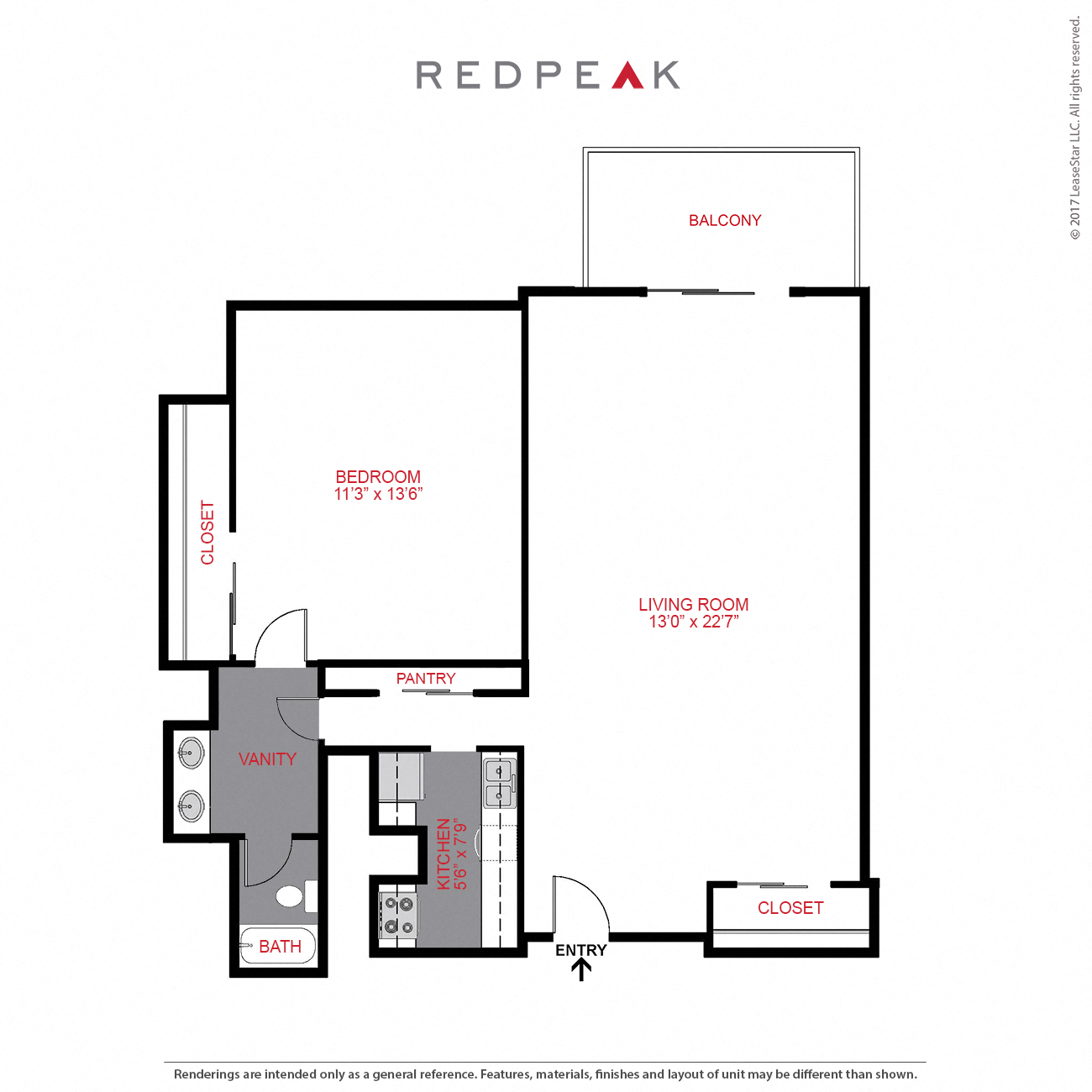 Floor plan for 1 bed, 1 bath, 670 sqft
